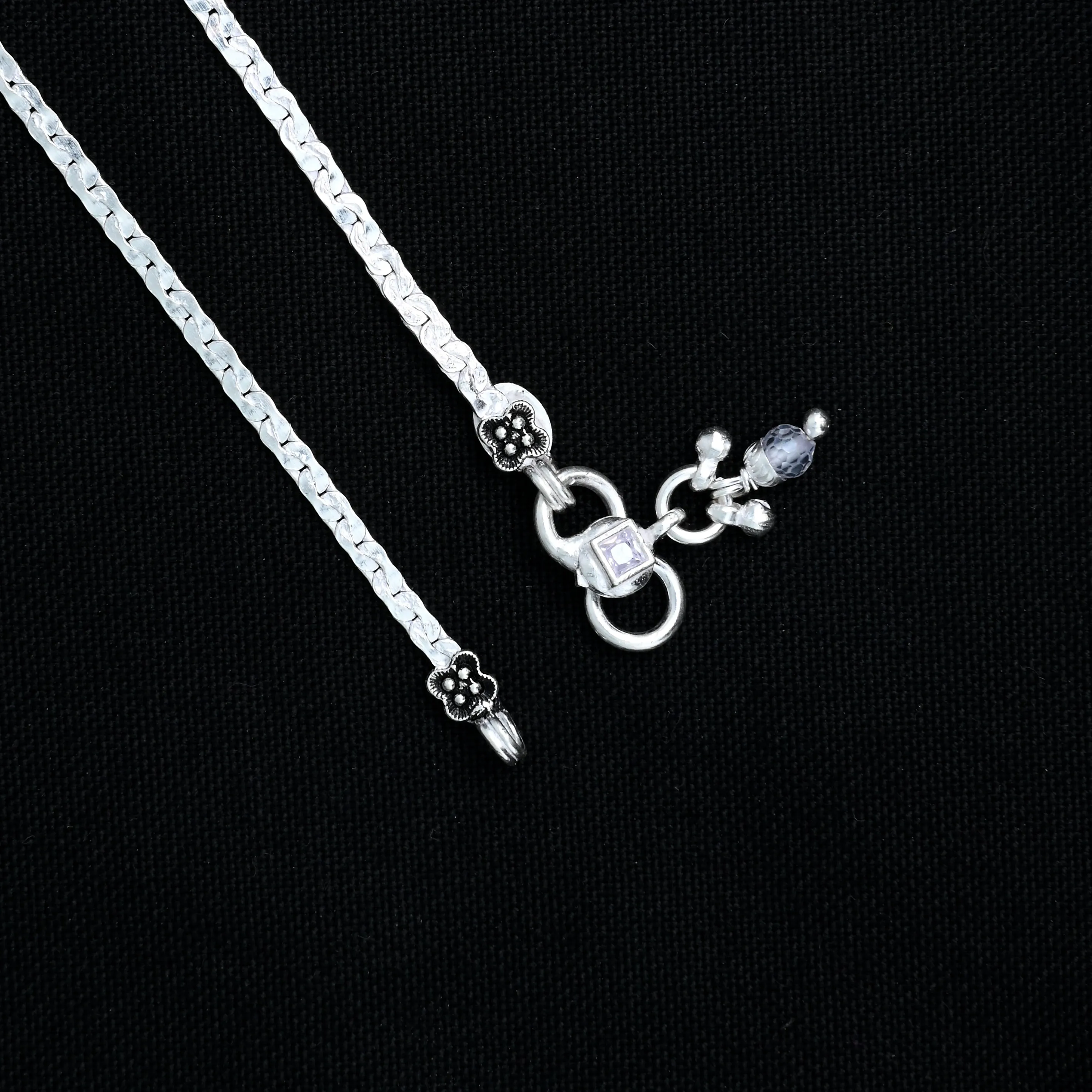 Silver Anklet with Heart-Shaped Buds and Red, Green Stone