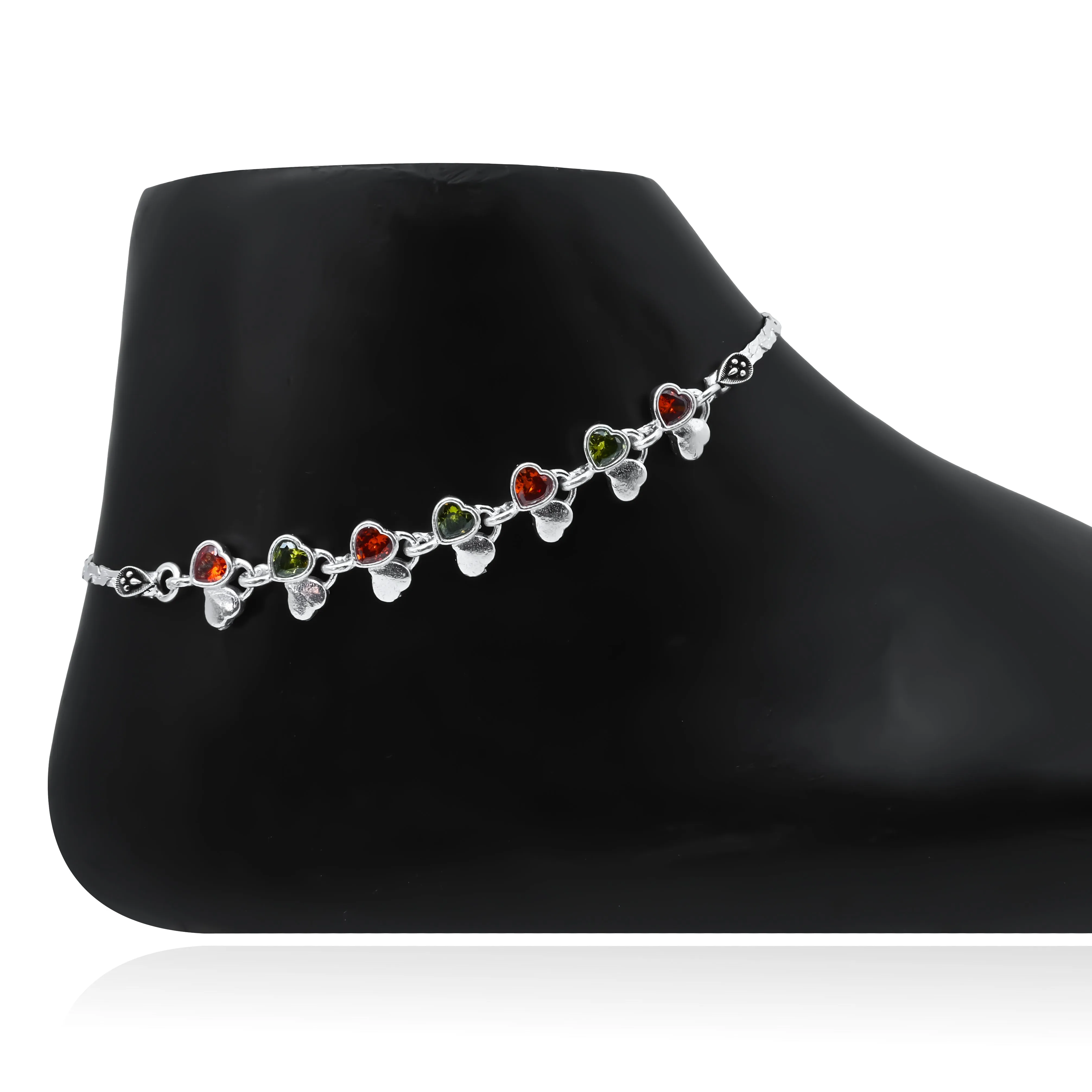 Silver Anklet with Heart-Shaped Buds and Red, Green Stone