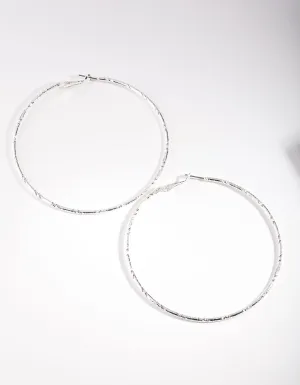 Silver Fine Textured Large Hoop Earrings