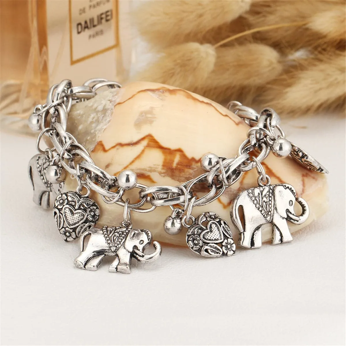 Silver-Plated Elephant Hearts Charm Anklet