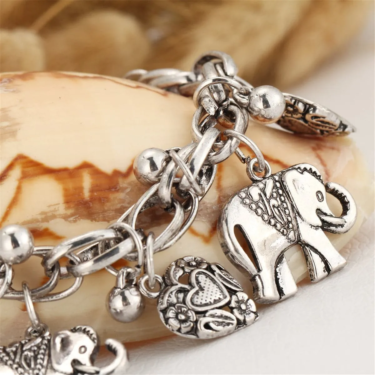 Silver-Plated Elephant Hearts Charm Anklet