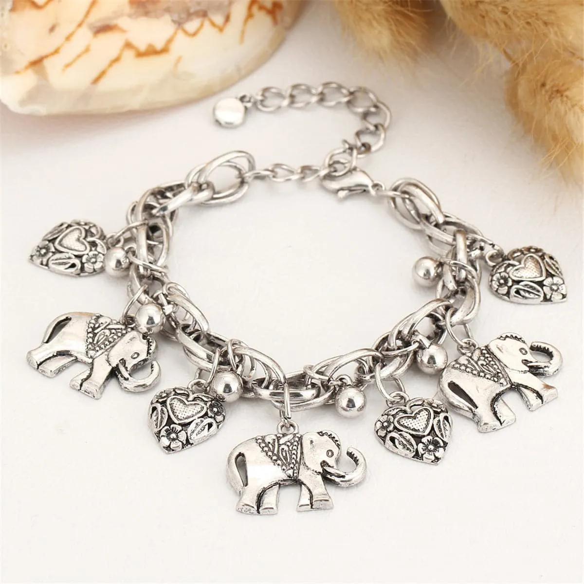 Silver-Plated Elephant Hearts Charm Anklet