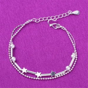 Silver-Plated Star & Bead Double-Strand Anklet
