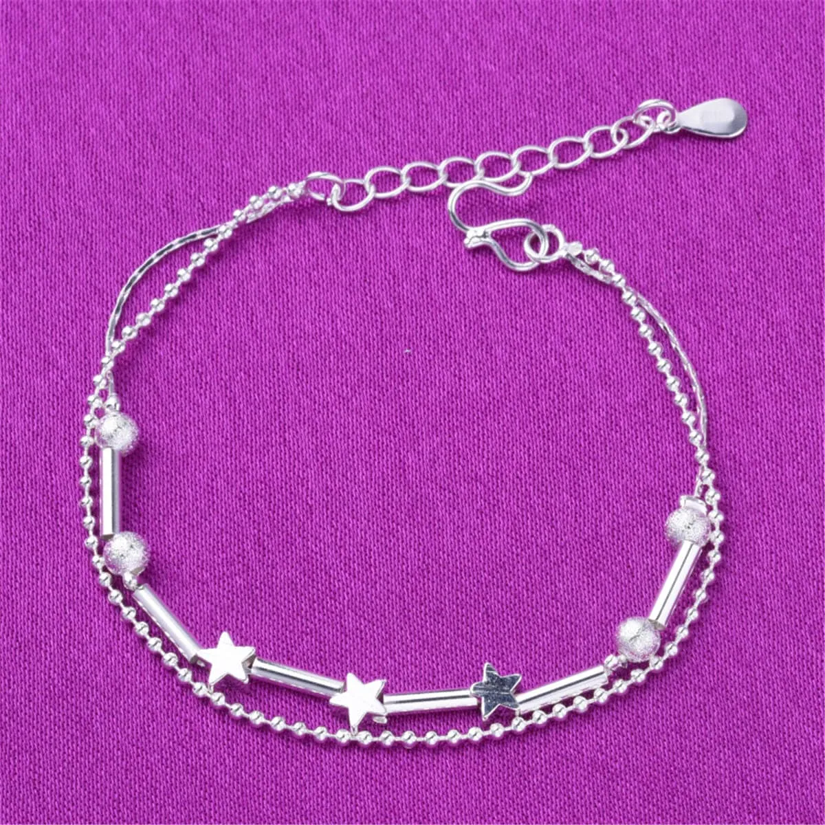 Silver-Plated Star & Bead Double-Strand Anklet