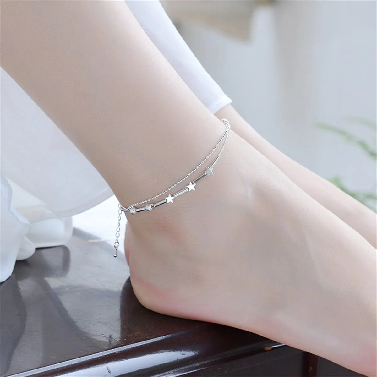 Silver-Plated Star & Bead Double-Strand Anklet