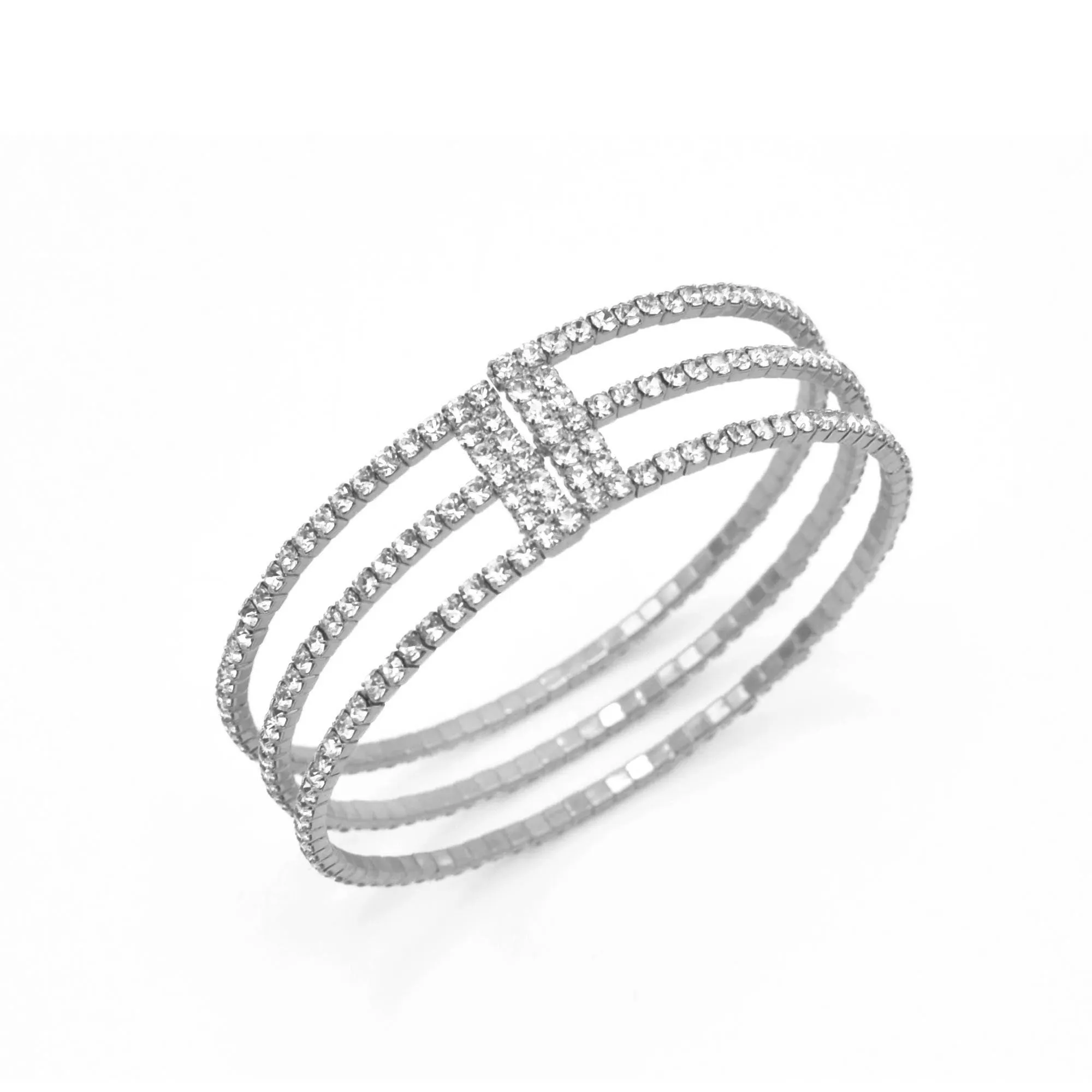 SILVER RHINESTONE CRYSTAL 3 ROW MEMORY COIL WIRE BRACELET#83358CR-S