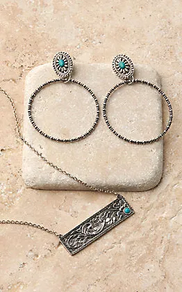Silver Strike Silver Floral Tooled Bar with Turquoise Necklace and Earrings Jewelry Set