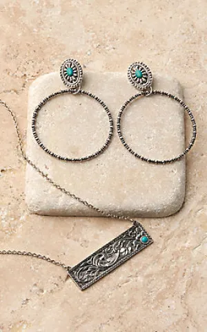 Silver Strike Silver Floral Tooled Bar with Turquoise Necklace and Earrings Jewelry Set