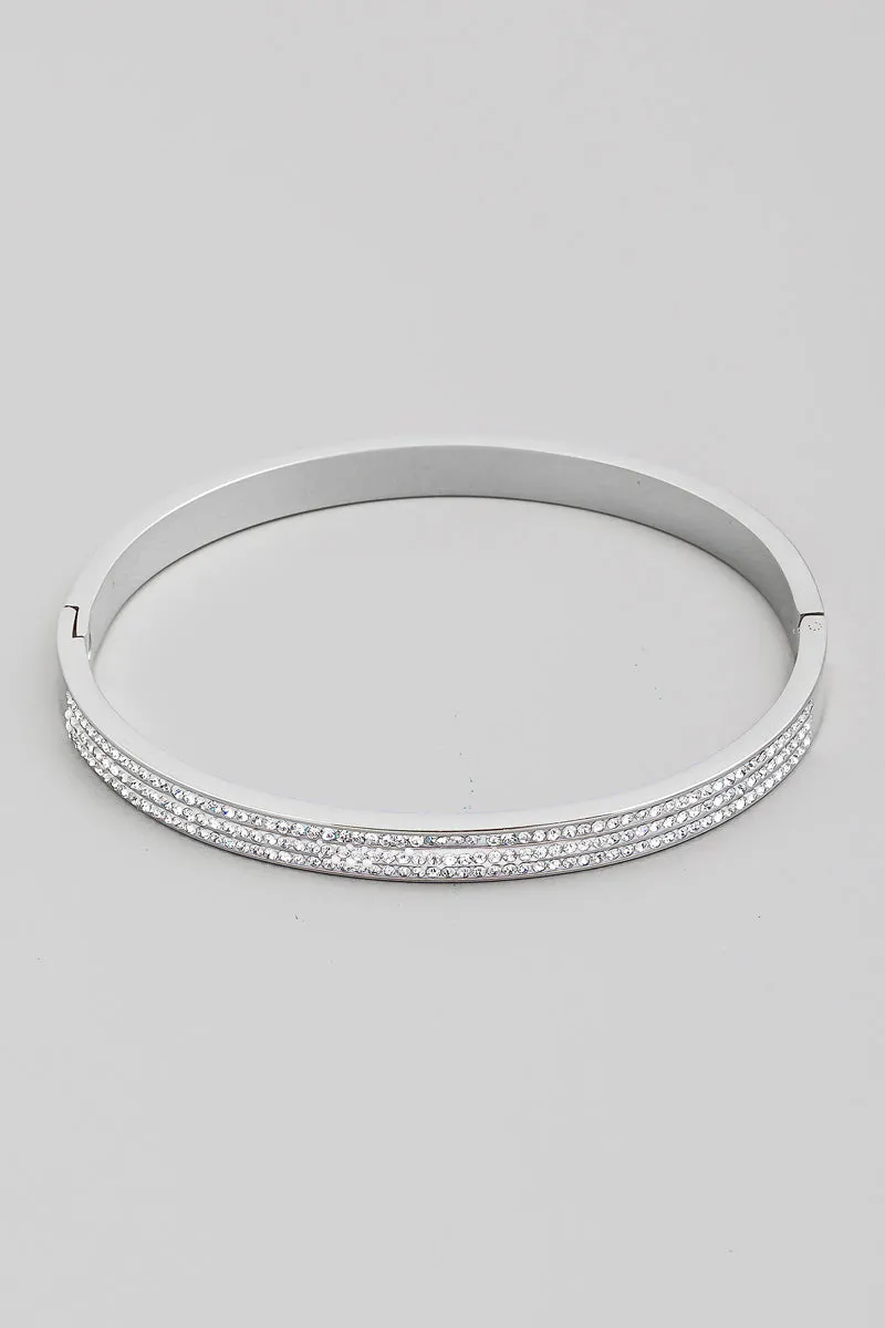 Silver Three Line Rhinestone Bangle Bracelet