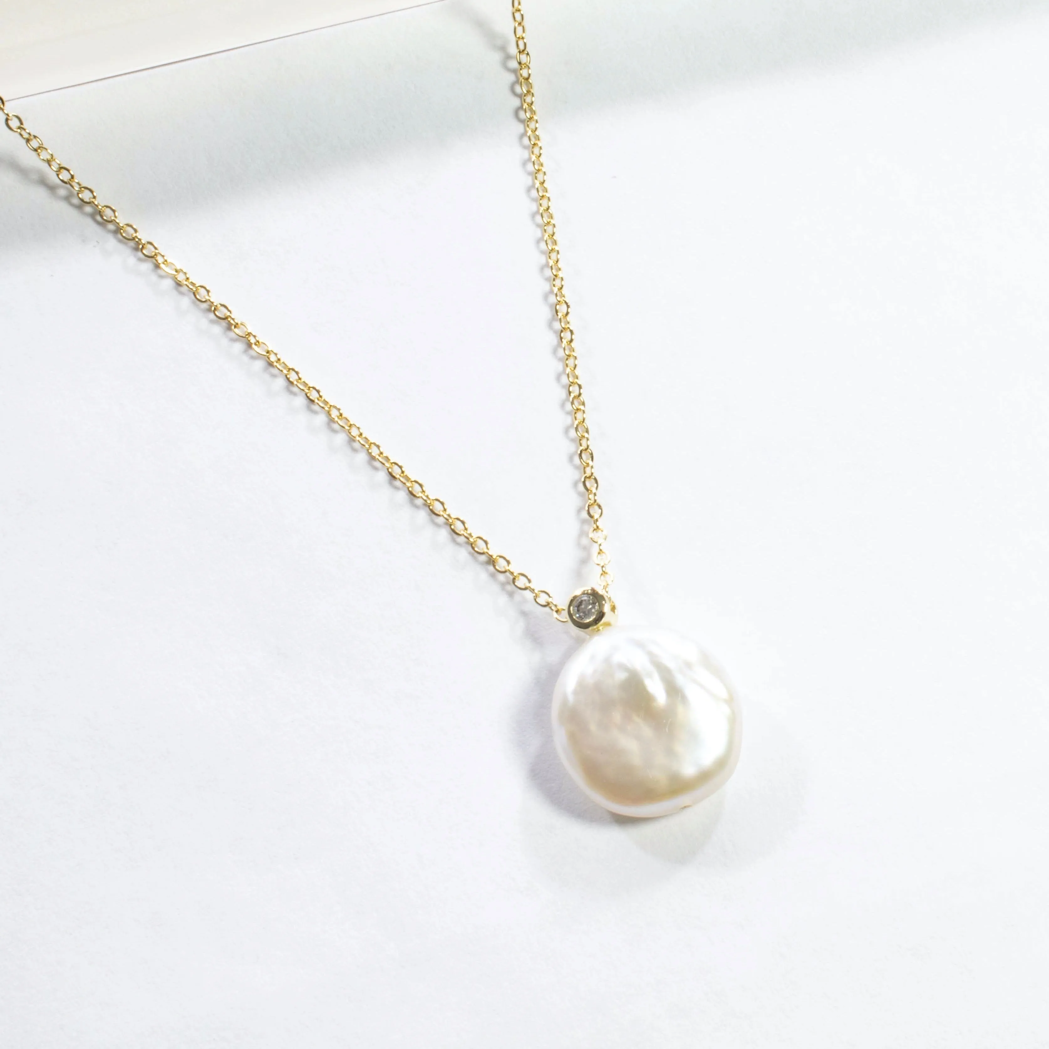 Single Pearl Pendant With CZ Necklace - Gold or Silver