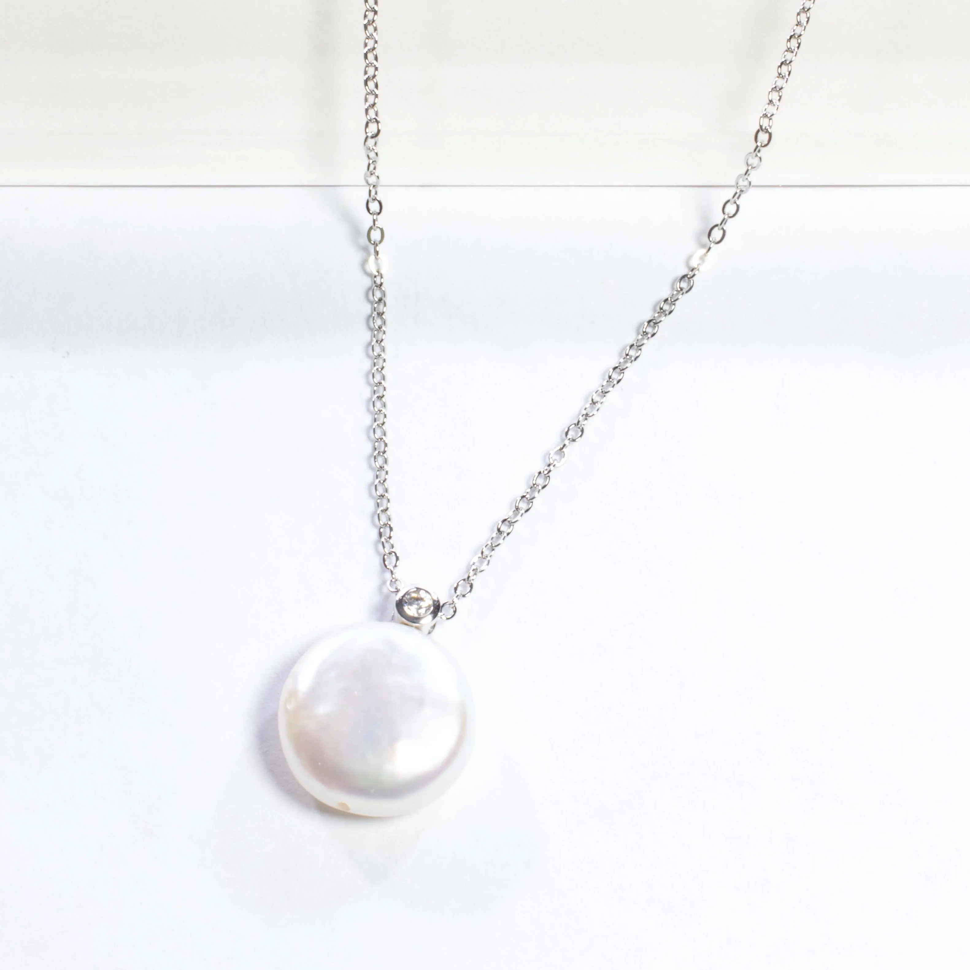 Single Pearl Pendant With CZ Necklace - Gold or Silver
