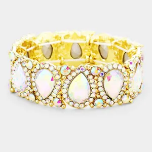 Slim AB Crystal Pear and Rhinestone Stretch Bracelet on Gold  | Pageant Jewelry | 382422