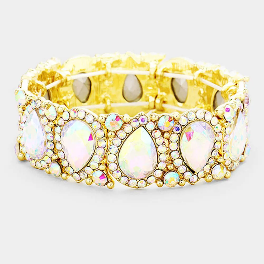Slim AB Crystal Pear and Rhinestone Stretch Bracelet on Gold  | Pageant Jewelry | 382422