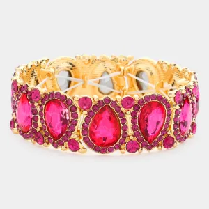 Slim Fuchsia Crystal Pear and Rhinestone Stretch Bracelet on Gold | Pageant Jewelry | 602650