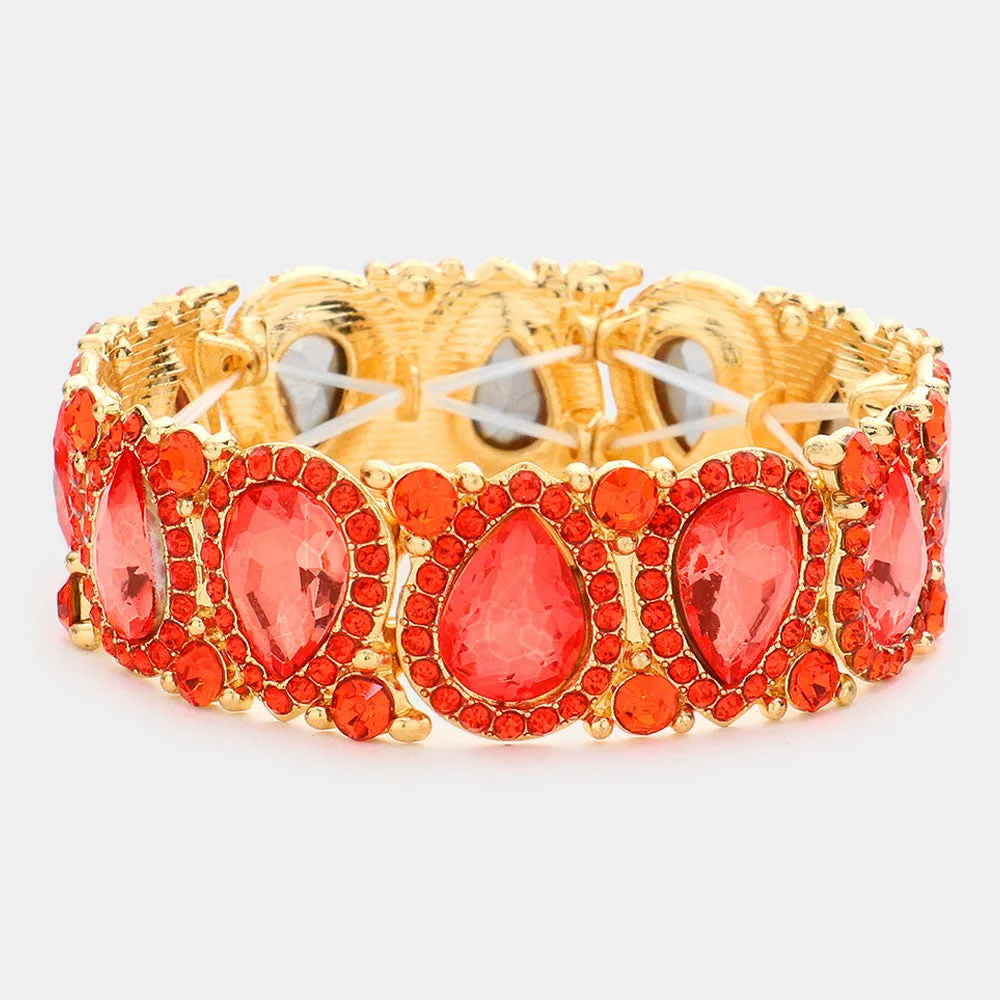 Slim Orange Crystal Pear and Rhinestone Stretch Bracelet on Gold | Pageant Jewelry | 602652