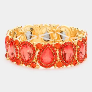 Slim Orange Crystal Pear and Rhinestone Stretch Bracelet on Gold | Pageant Jewelry | 602652