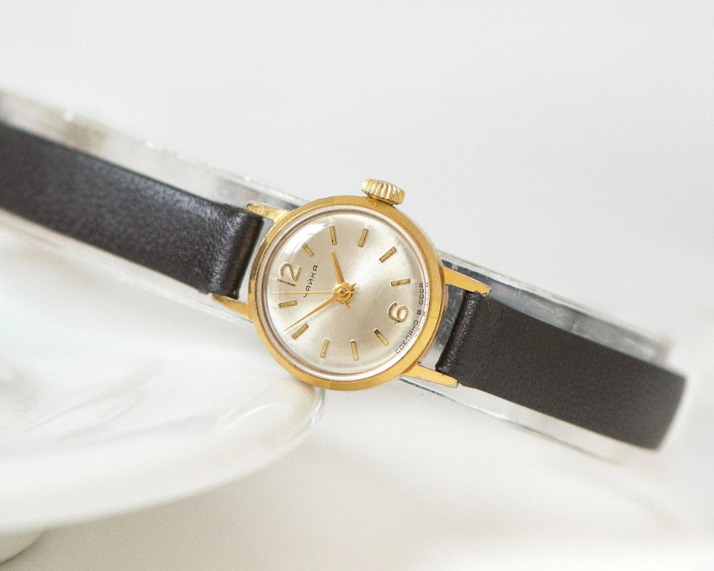 Smallest women's watch gold plated Seagull, vintage wristwatch for lady delicate jewelry gift Arabic numerals dial, new premium leather band