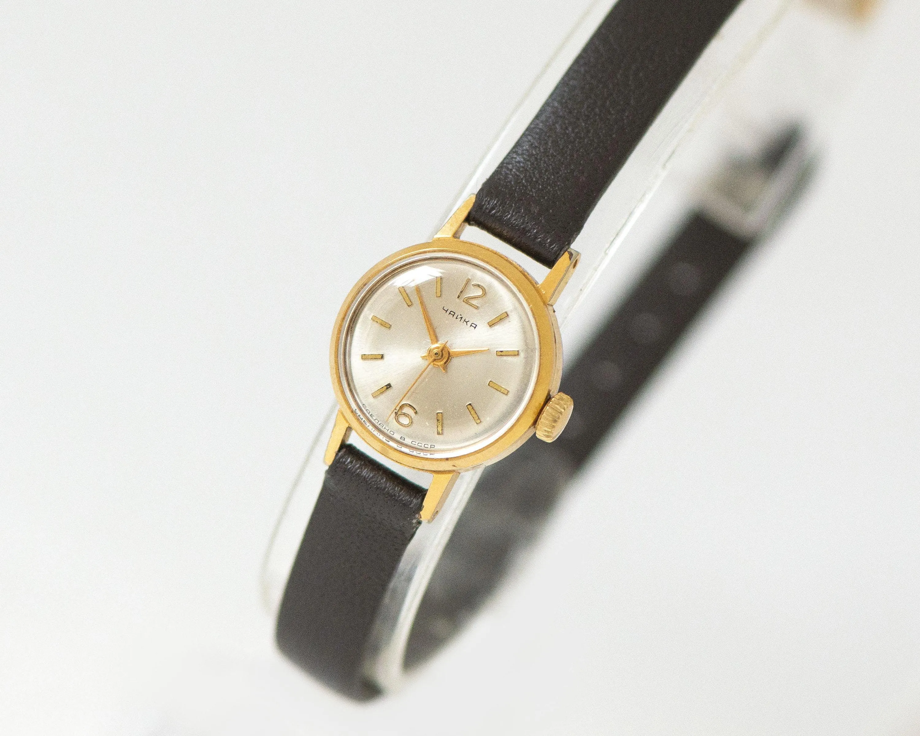 Smallest women's watch gold plated Seagull, vintage wristwatch for lady delicate jewelry gift Arabic numerals dial, new premium leather band