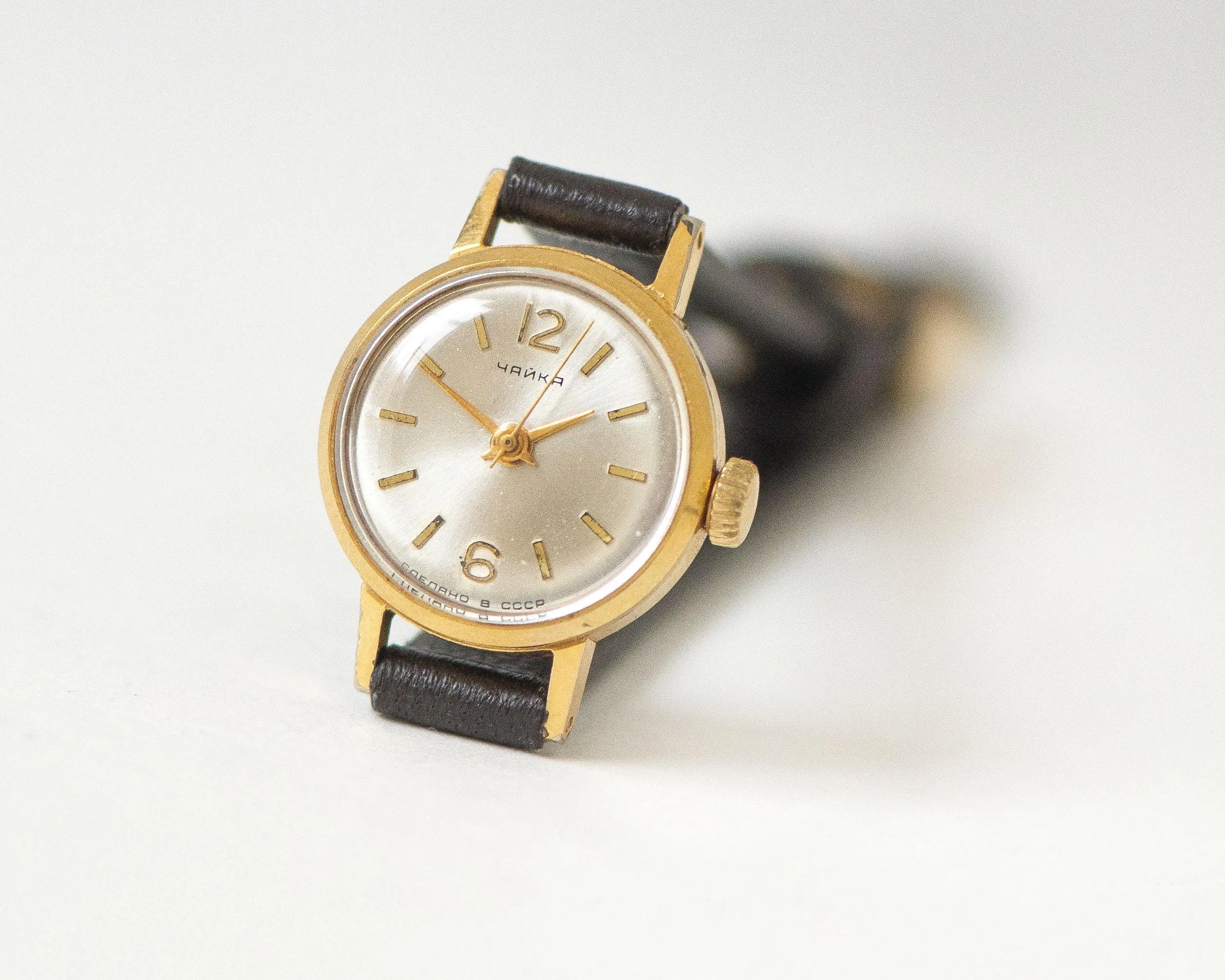 Smallest women's watch gold plated Seagull, vintage wristwatch for lady delicate jewelry gift Arabic numerals dial, new premium leather band