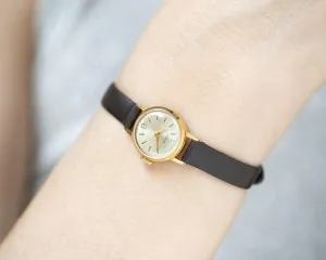 Smallest women's watch gold plated Seagull, vintage wristwatch for lady delicate jewelry gift Arabic numerals dial, new premium leather band