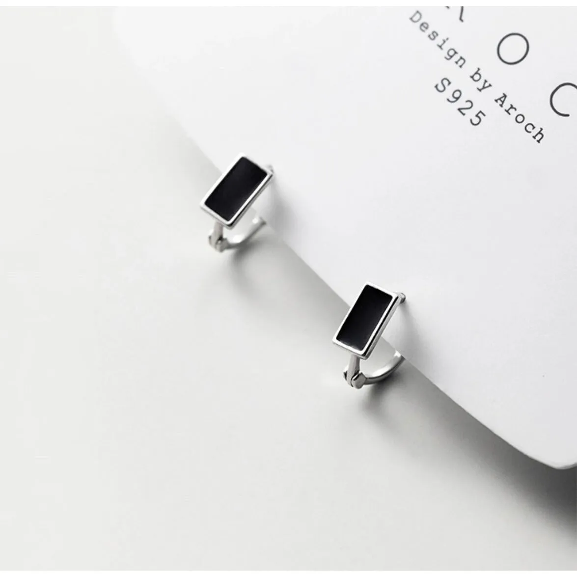 Solid Silver Black Huggie Hoop Earrings-SH043