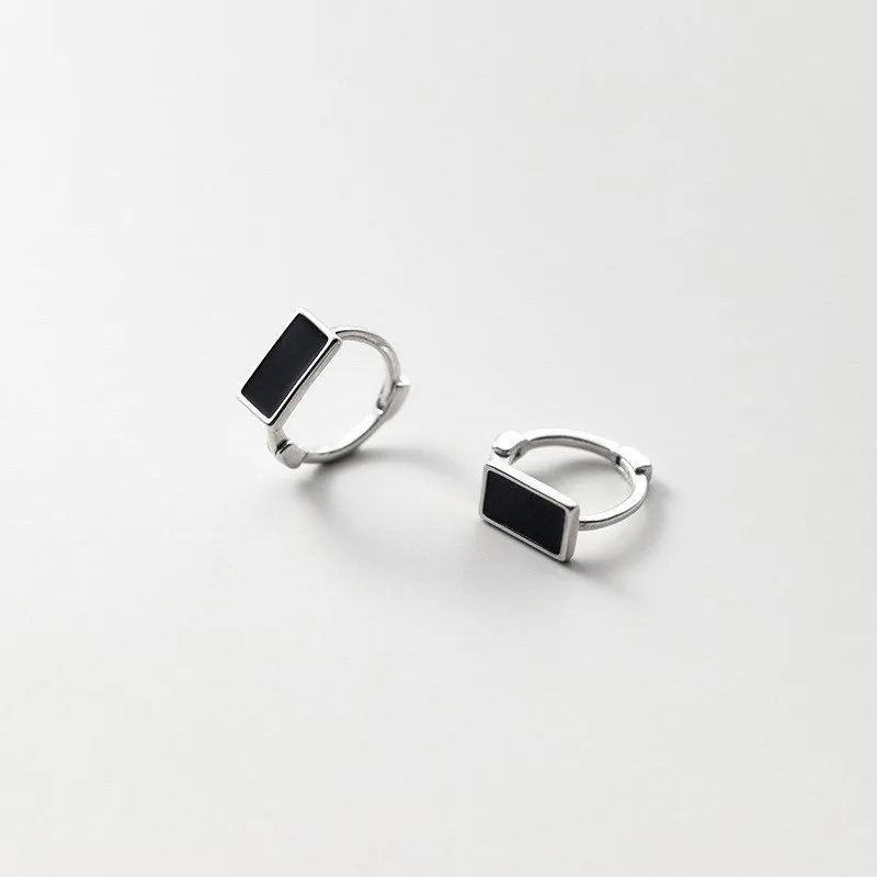 Solid Silver Black Huggie Hoop Earrings-SH043