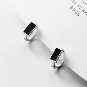 Solid Silver Black Huggie Hoop Earrings-SH043