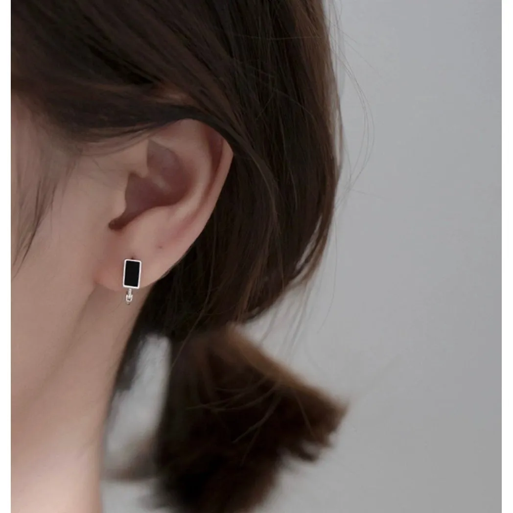 Solid Silver Black Huggie Hoop Earrings-SH043