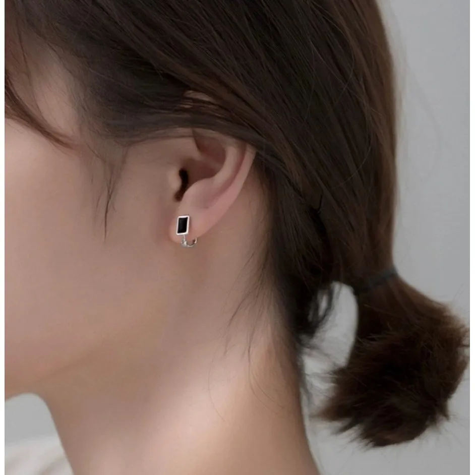 Solid Silver Black Huggie Hoop Earrings-SH043