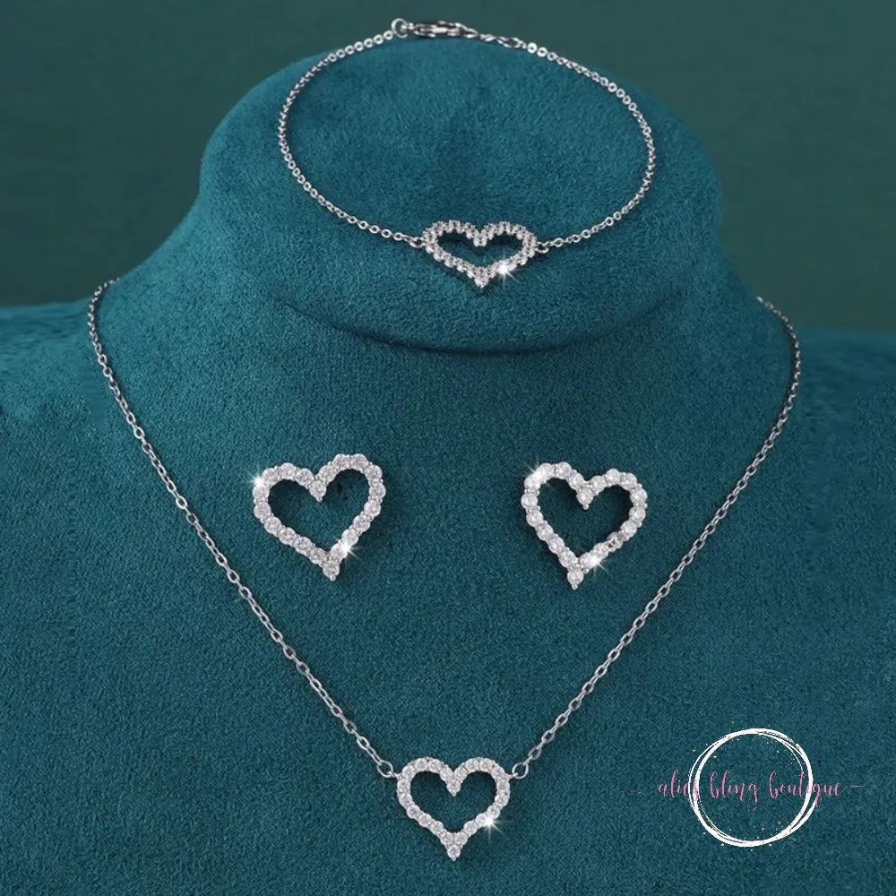 Sparkling Love Necklace, Bracelet & Earrings Set in Silver