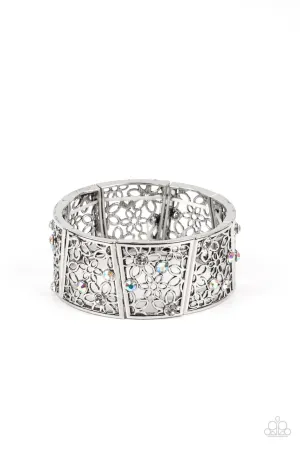 Spring Greetings - White - Iridescent Rhinestone Daisy Flower Paparazzi Stretchy Bracelet