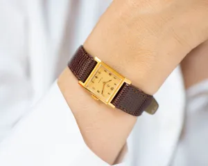 Square women watch Dawn new old stock, minimalist gold plated lady watch vintage, Arabic numerals yellow watch gift new premium leather band