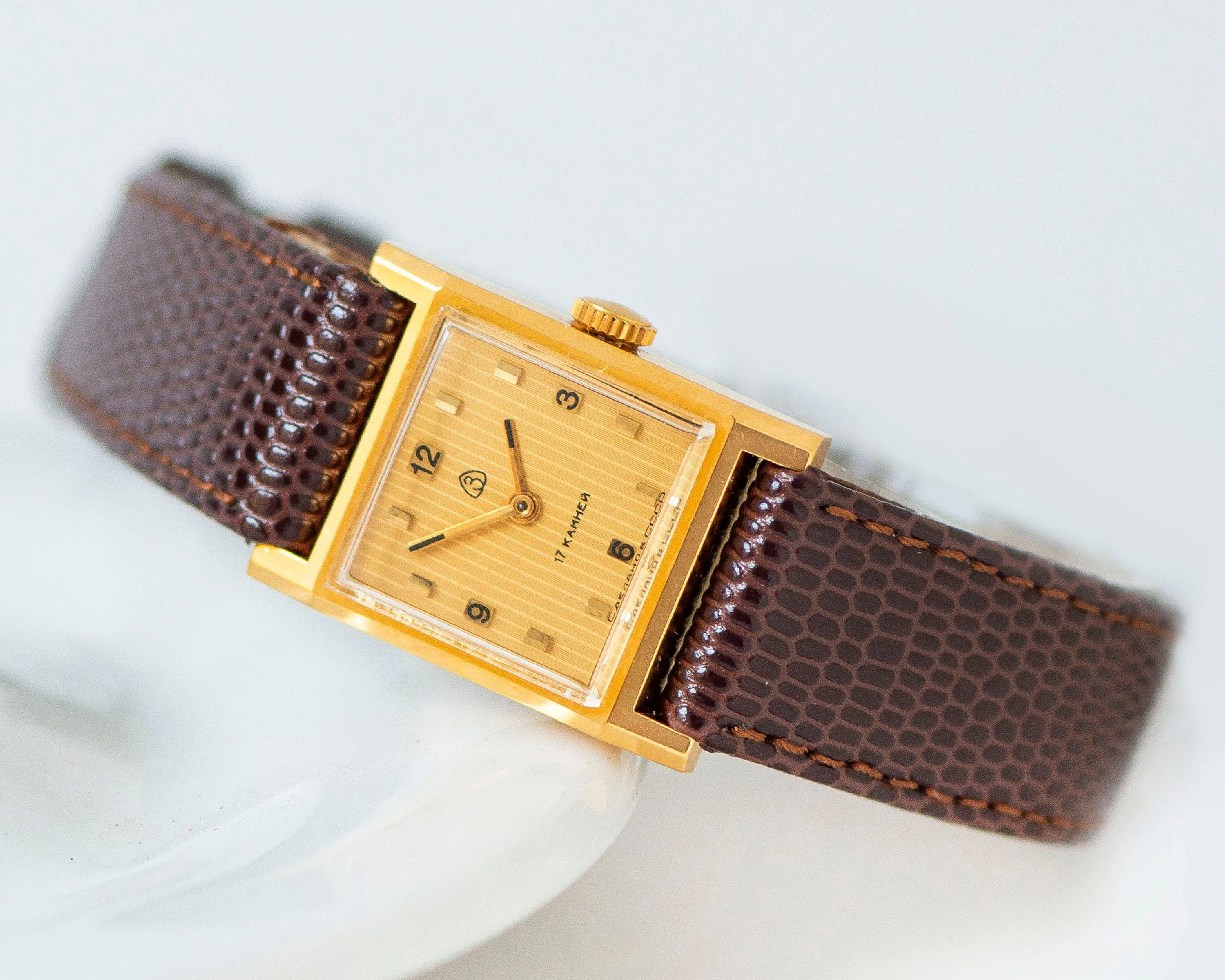 Square women watch Dawn new old stock, minimalist gold plated lady watch vintage, Arabic numerals yellow watch gift new premium leather band