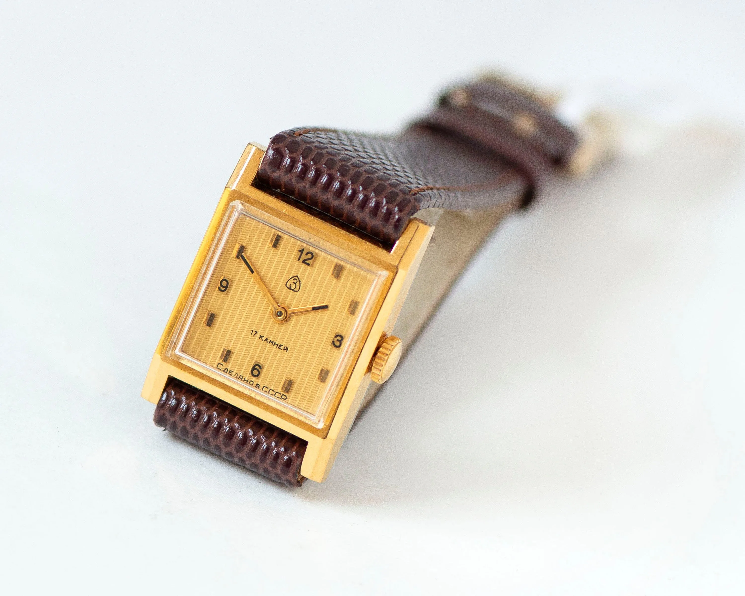 Square women watch Dawn new old stock, minimalist gold plated lady watch vintage, Arabic numerals yellow watch gift new premium leather band