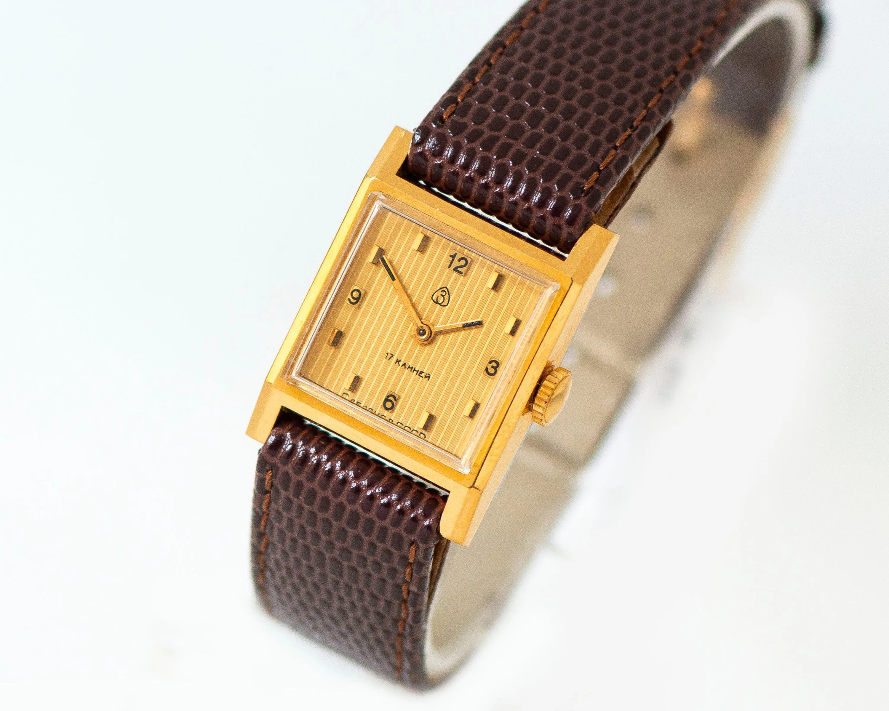 Square women watch Dawn new old stock, minimalist gold plated lady watch vintage, Arabic numerals yellow watch gift new premium leather band