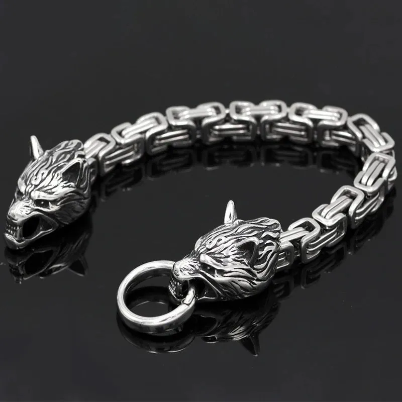Stainless Steel Viking Wolf Head Men's Bracelet