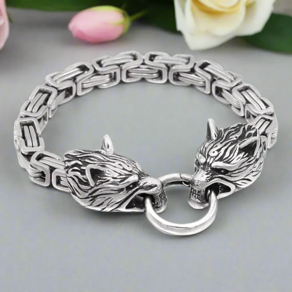 Stainless Steel Viking Wolf Head Men's Bracelet