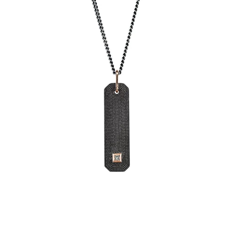 Sterling Silver Black Rhodium NALA Textured Bar Pendant with single diamond