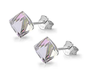 Sterling Silver Cube Simple Traditional Geometric Earrings Rainbow Topaz CZ 925