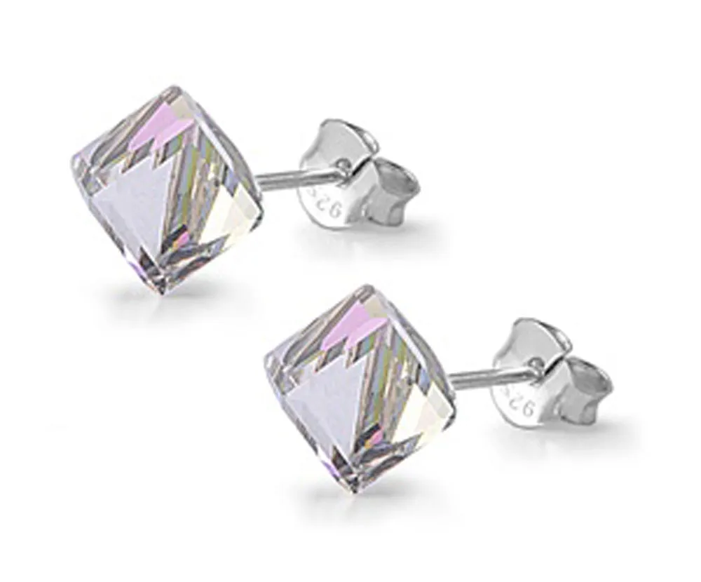 Sterling Silver Cube Simple Traditional Geometric Earrings Rainbow Topaz CZ 925