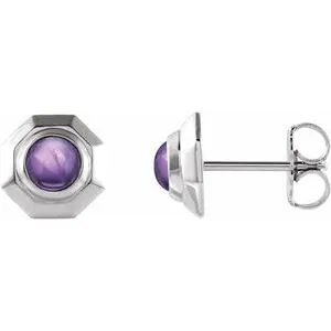 Sterling Silver Natural Amethyst Geometric Cabochon Earrings