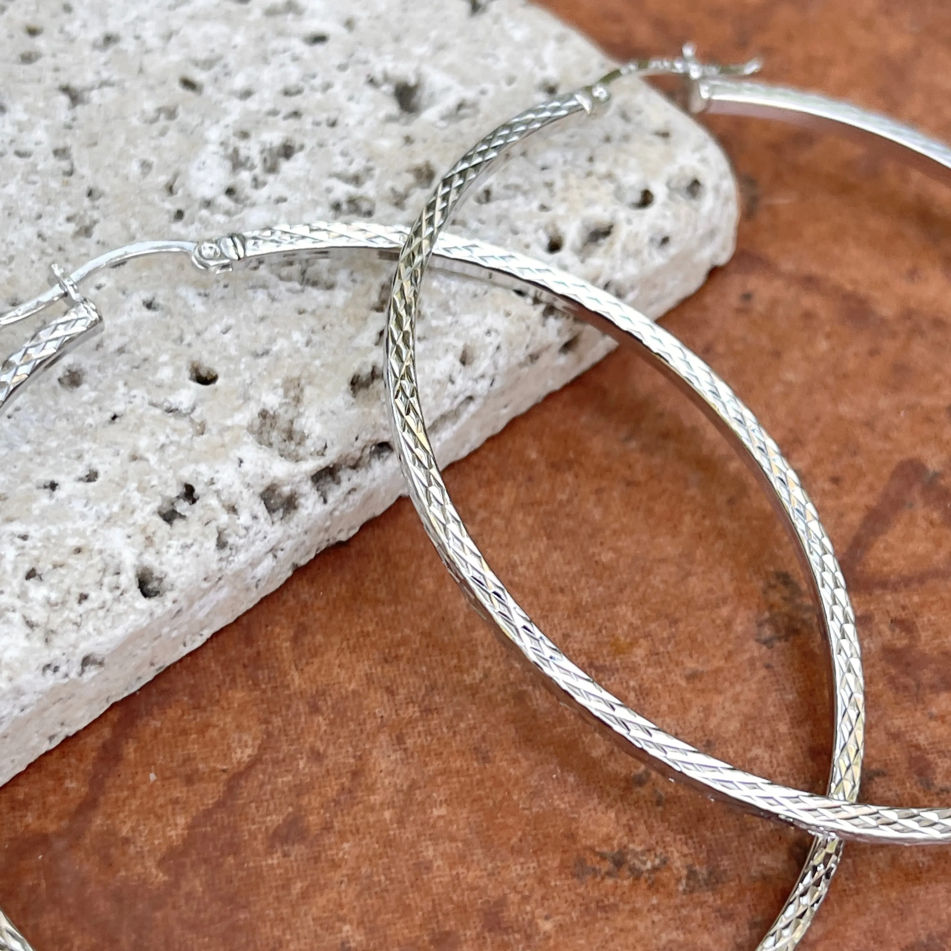 Sterling Silver Polished   Diamond-Cut Square Tube Hoop Earrings 60mm