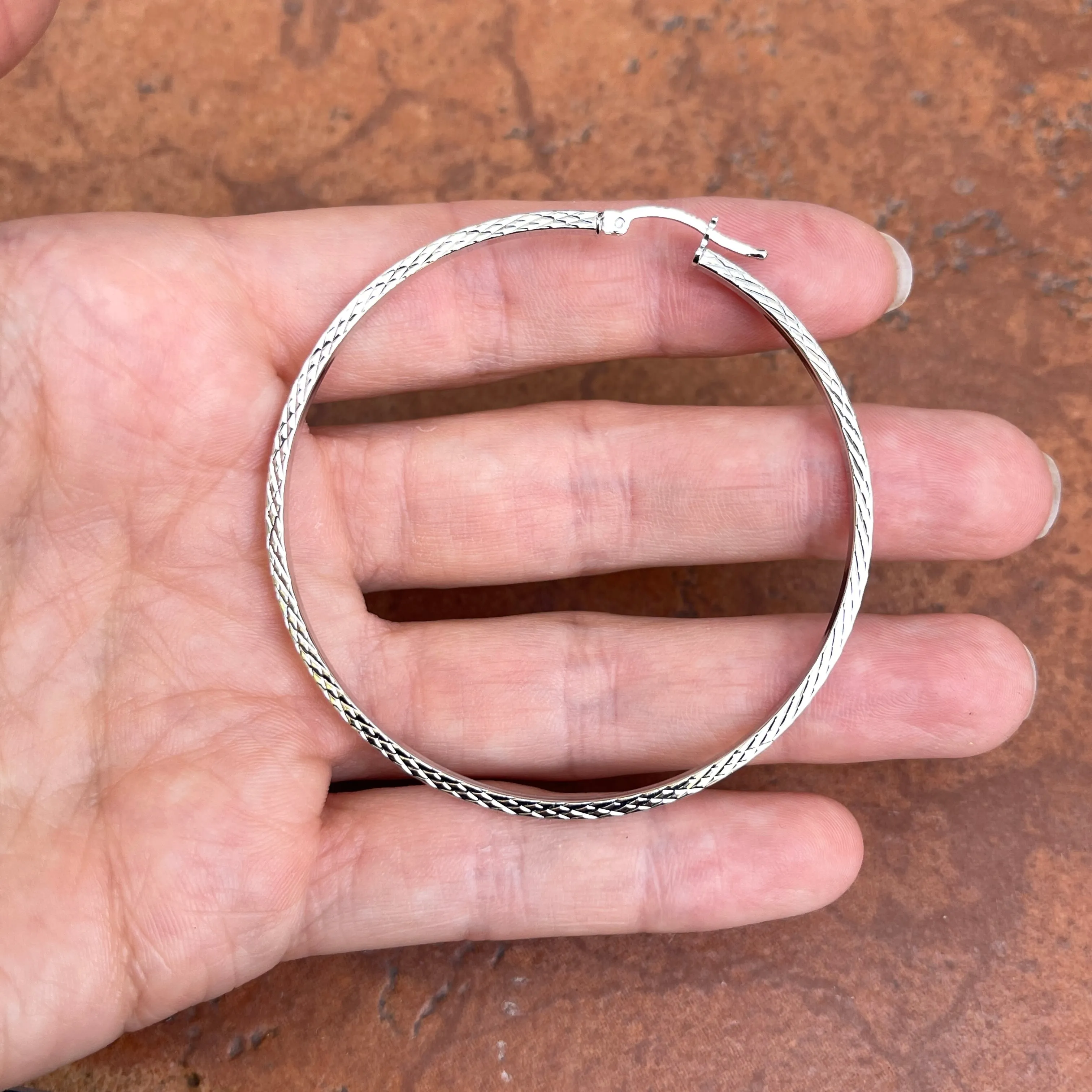 Sterling Silver Polished   Diamond-Cut Square Tube Hoop Earrings 60mm