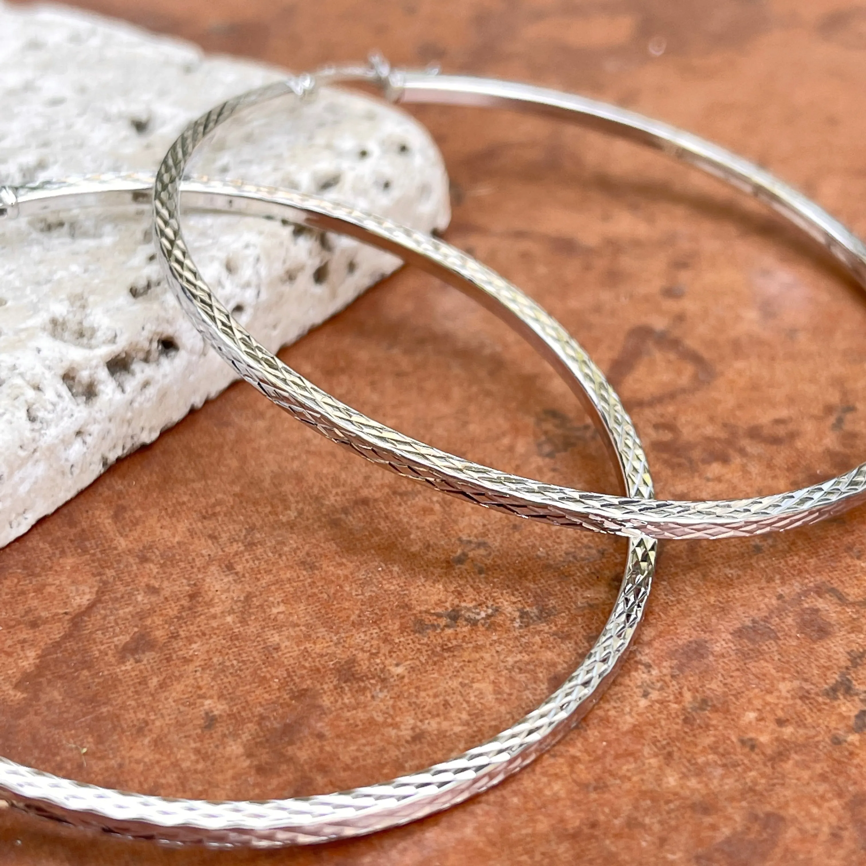 Sterling Silver Polished   Diamond-Cut Square Tube Hoop Earrings 60mm