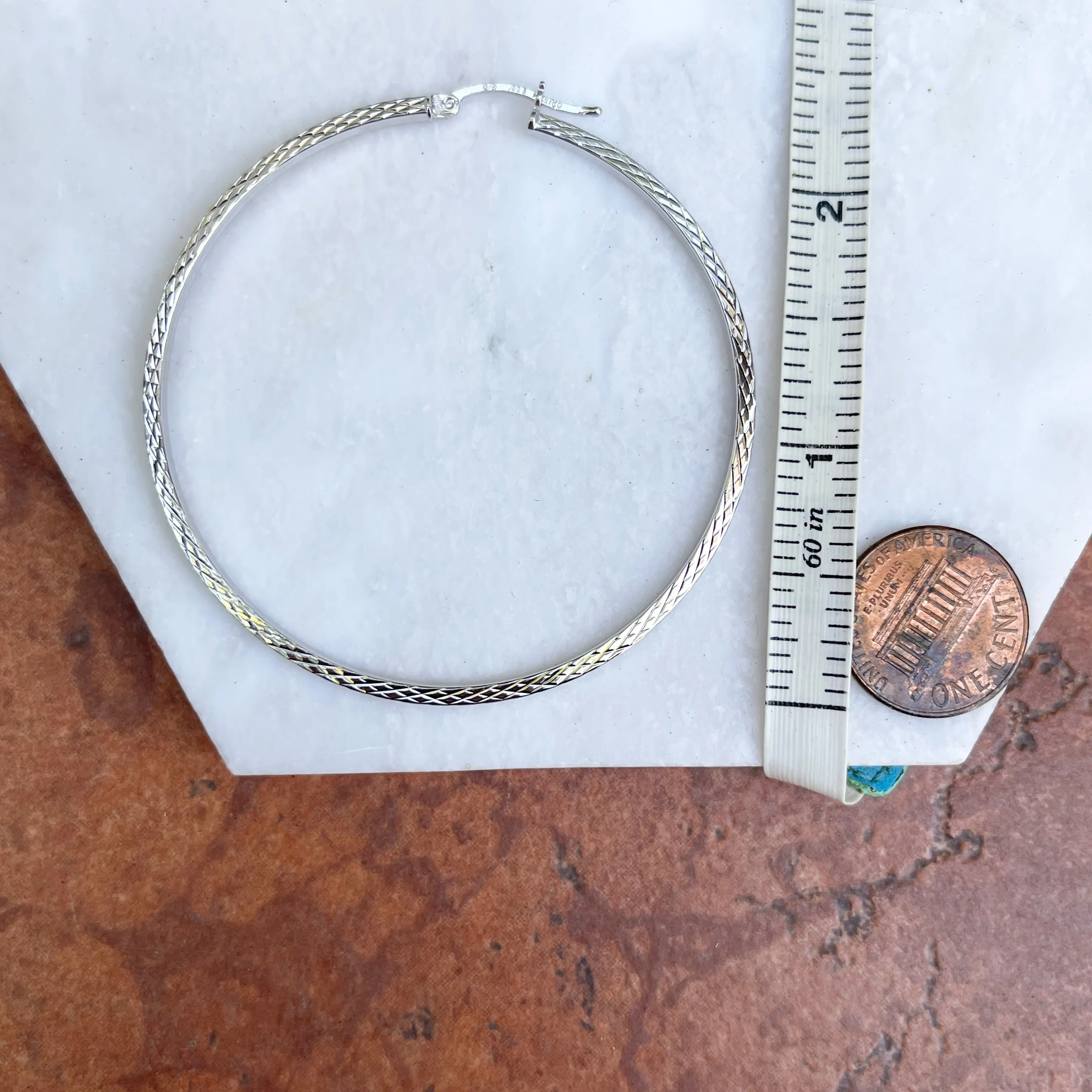 Sterling Silver Polished   Diamond-Cut Square Tube Hoop Earrings 60mm