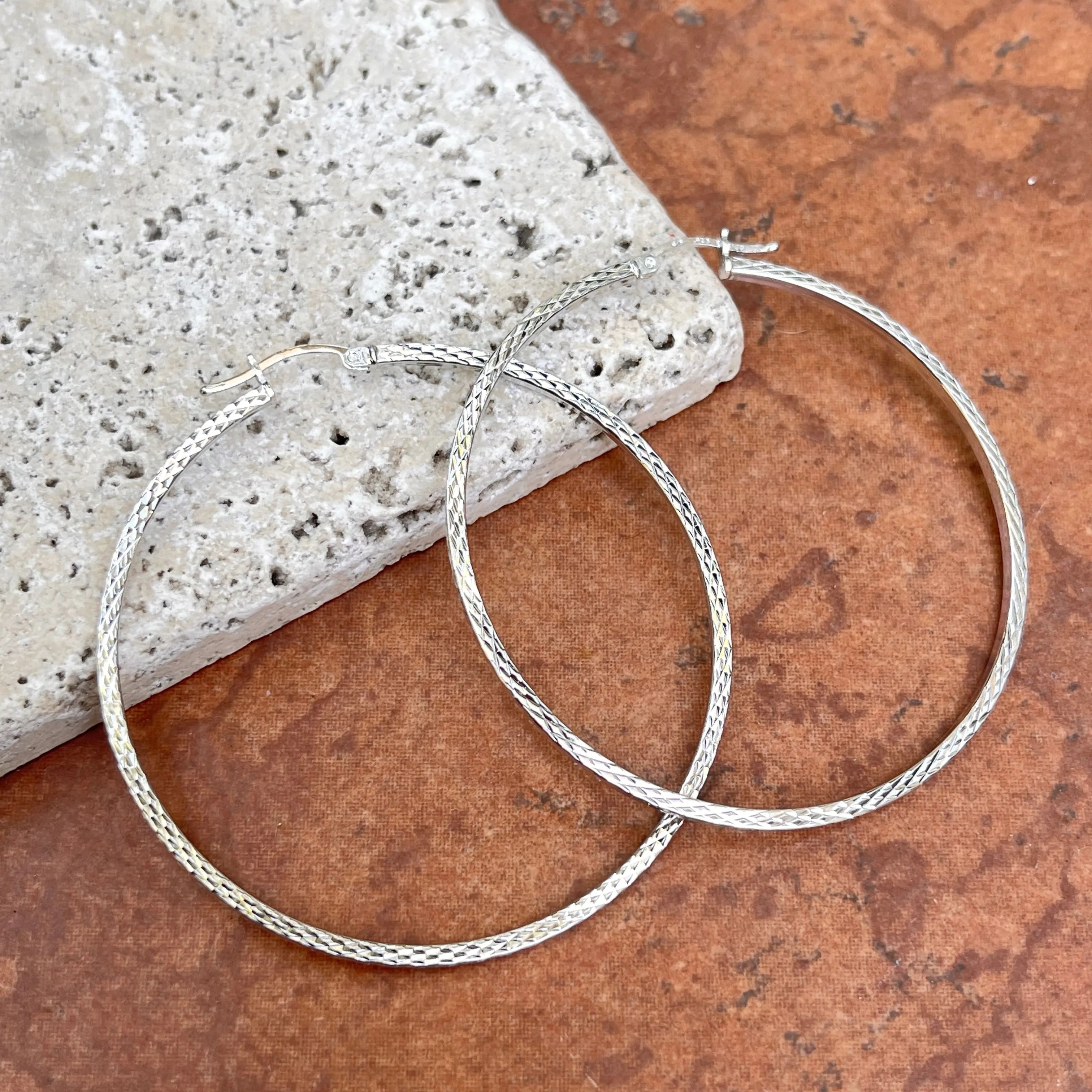 Sterling Silver Polished   Diamond-Cut Square Tube Hoop Earrings 60mm