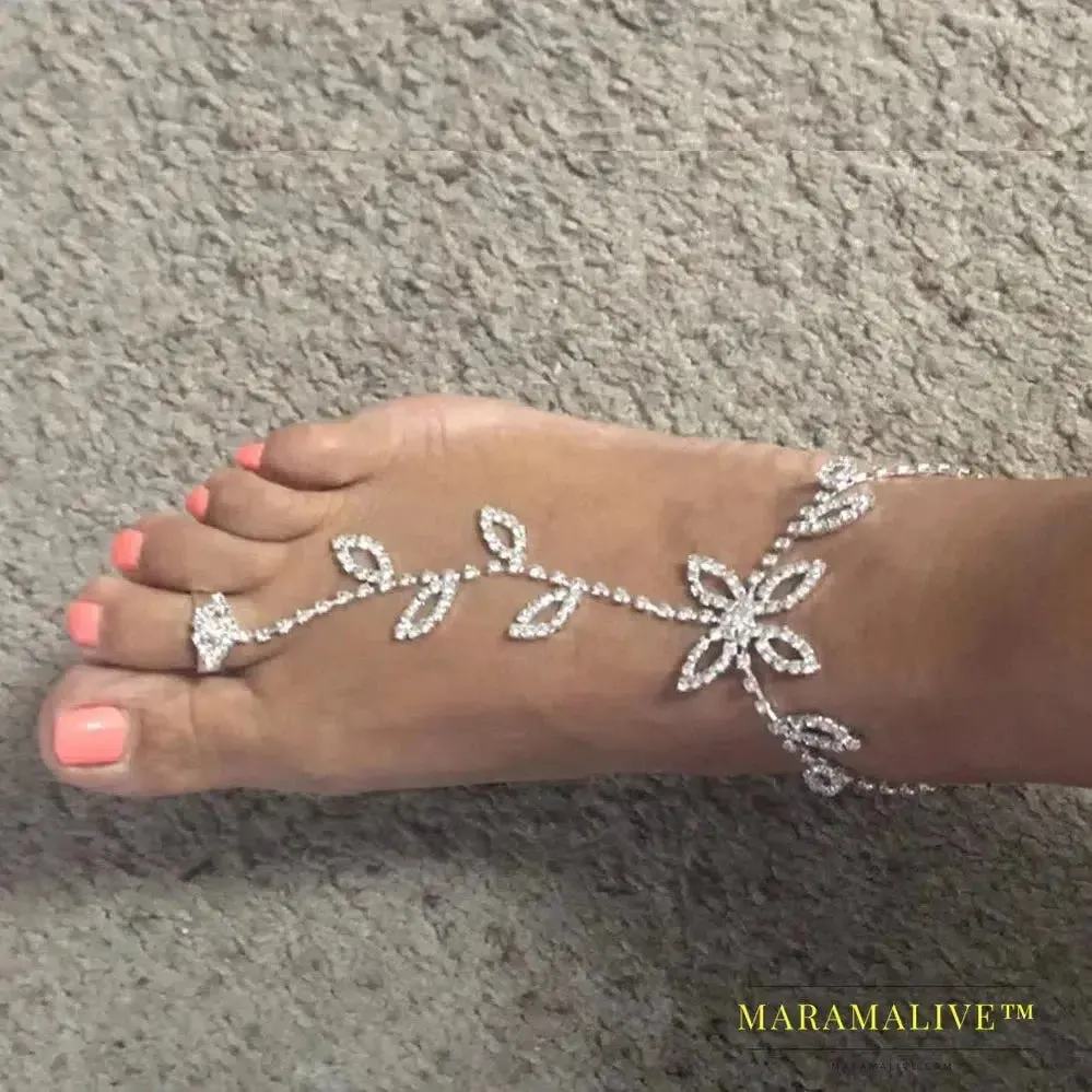 Summer 2Pcs Set Rhinestone Leaf Finger Anklet for Women Luxury Silver Color Leaf Hand Harness Bracelet Jewelry Gift