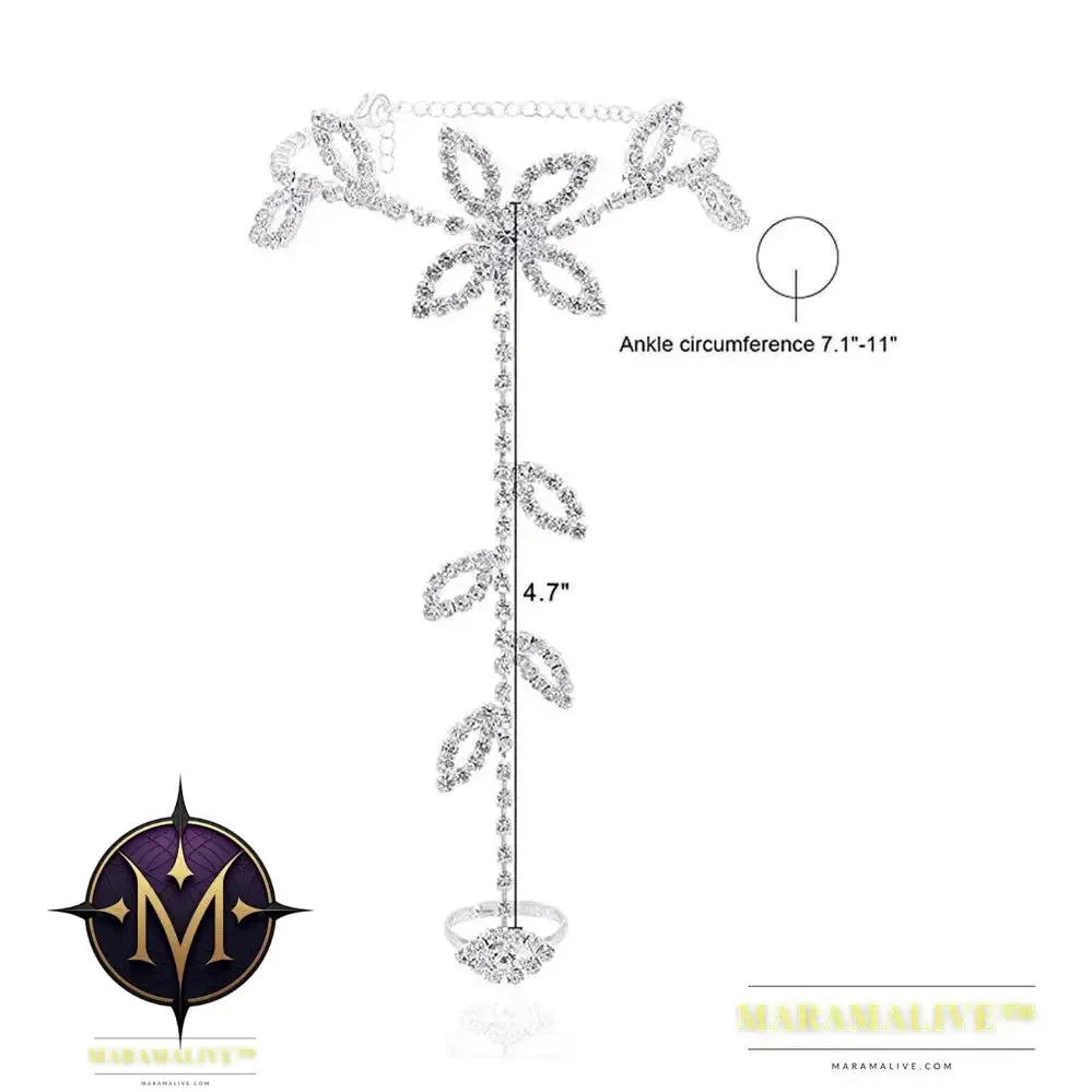 Summer 2Pcs Set Rhinestone Leaf Finger Anklet for Women Luxury Silver Color Leaf Hand Harness Bracelet Jewelry Gift