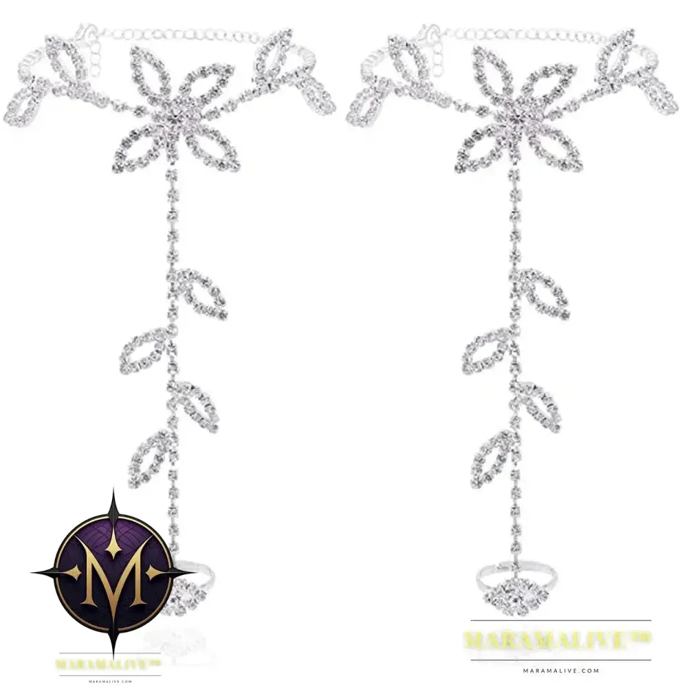Summer 2Pcs Set Rhinestone Leaf Finger Anklet for Women Luxury Silver Color Leaf Hand Harness Bracelet Jewelry Gift