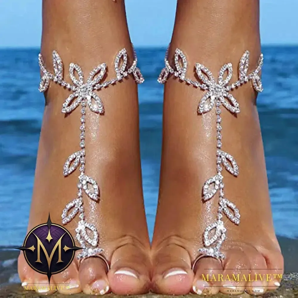 Summer 2Pcs Set Rhinestone Leaf Finger Anklet for Women Luxury Silver Color Leaf Hand Harness Bracelet Jewelry Gift